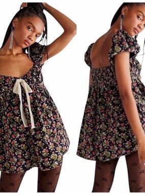 Free People Black Floral Babydoll Mini Dress with Cream Tie